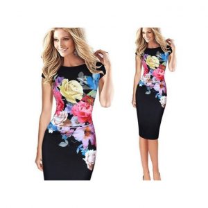 Floral Print Party Midi Pencil Dress Black discountshub