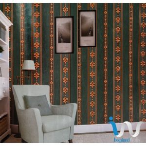Damask Wallpaper - Gold In Green Stripes discountshub