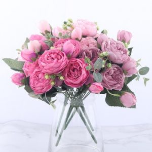 30cm Rose Pink Silk Peony Artificial Flowers Bouquet 5 Big Head and 4 Bud Cheap Fake Flowers for Home Wedding Decoration indoor discountshub