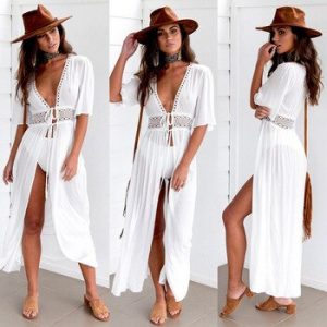 3XL Plus Size Beach Long Maxi Dress Women Beach Cover Up Tunic Pareo White V Neck Dress Robe Swimwear Bathing Suit Beachwear discountshub