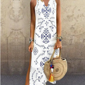 Bohemian Print Sleeveless V Neck Side Slit Dress discountshub