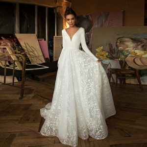 Booma Lace Wedding Dresses 2020 Long Sleeve V-neck Boho Bridal Gowns Satin Backless White Vestido de noiva Plus size custom-made discountshub