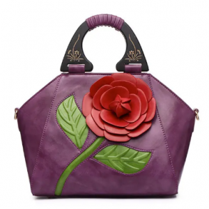 Brenice Women National Style Recorative Roses Wooden Handle PU Leather Handbag discountshub