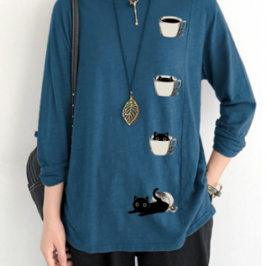Cat Cartoon Print Casual Women Blouse discountshub