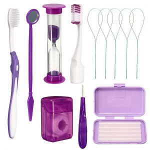 Dental Teeth Oral Cleaning Care Orthodontic Kits Brush Floss Thread Wax 8pcs/kit#Purple discountshub