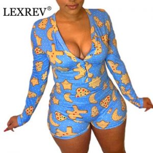 Funny Patterns Deep V Bodycon Sleepwear Jumpsuit Button Bodysuit Shorts Romper Plus Size Sexy Onesie Pajamas For Adults Women discountshub