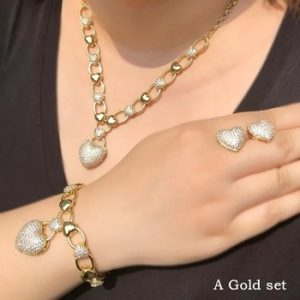 Heart Luxury Jewelry Sets For Women Gold Necklace Earring Bracelet Cubic Zircon Dubai Indian Bridal Wedding 3pcs Jewelery set cz discountshub