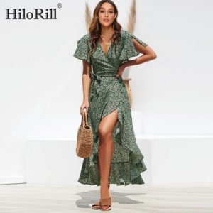 HiloRill Summer Beach Maxi Dress Women Floral Print Boho Long Dress Ruffles Wrap Casual V-Neck Split Sexy Party Dress Robe Femme discountshub