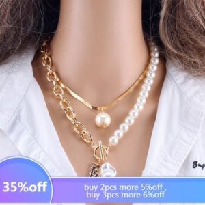 KMVEXO Fashion 2 Layers Pearls Geometric Pendants Necklaces For Women Gold Metal Snake Chain Necklace New Design Jewelry Gift discountshub