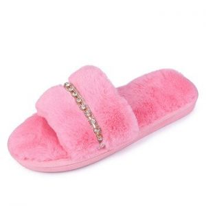 LIN KING Fashion Rhinestone Women Indoor Slippers Warm Fur Home Floor Bedroom Shoes Soft Sole Non-Slip Female Cotton Slippers discountshub