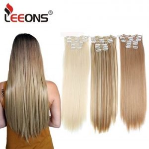 Leeons 16 colors 16 clips Long Straight Synthetic Hair Extensions Clips in High Temperature Fiber Black Brown Hairpiece discountshub