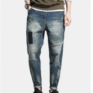 Loose Patch Printing Ripped Casual Harem Pants Big Pockets Jean for Men discountshub
