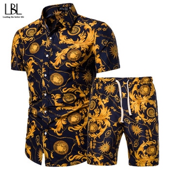 Pattern Tracksuit Men Summer Beachwear Men's Set 2020 Mens Notched T Shirts +Shorts Two Piece Sets Floral Beach Swaet Suit 5XL discountshub
