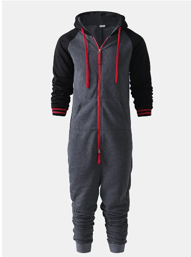 Men Contrast Color Onesies Loungewear Cotton Thicken Dark Gray Hipster Zip Hooded Jumpsuit Pajamas discountshub