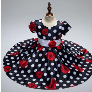 Polka Dot Flower Print Short Sleeve O-neck Princess Dress For Kids Girls discountshub