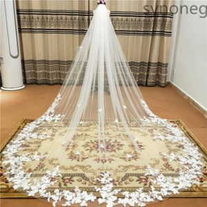 Real Photo 3m One Layer Wedding Veil With Comb White Lace Edge Bridal Veils Ivory Appliqued Cathedral Wedding Veil discountshub