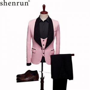 SHENRUN Mens Fashion Big Shawl Lapel 3 Pieces Set Pink Red Blue White Black Wedding Groom Suits Quality Jacquard Banquet Tuxedo discountshub