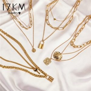 17KM Fashion Multi Layer Lock Portrait Pendants Necklaces For Women Gold Metal Key Heart Necklace New Design Jewelry Gift discountshub