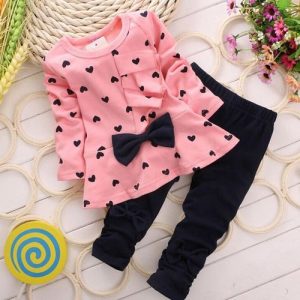 2PCS Kids Set T Shirt + Pants New Baby Sets Heart-shaped Print Cute Bow - Pink discountshub