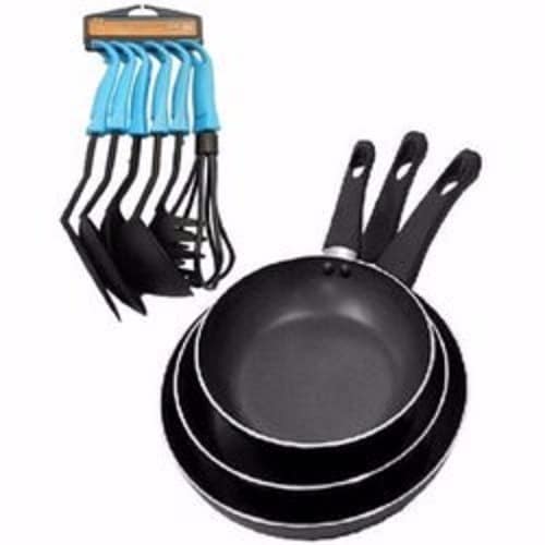 3-PC Non-Stick Fry Pan + 6-PC Non-Stick Spoon Set - Black & Blue discountshub