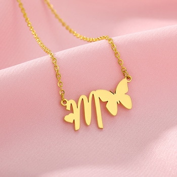 A-Z Butterfly Heart Initial Letter Necklaces For Women Gold Color Stainless Steel Chain Choker Female Pendant Necklace Jewelry discountshub