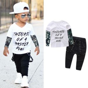 Baby Outfit Newborn Infant Baby Boy Letter Tattoo T Shirt Tops Pants Outfits Clothes Set-White discountshub