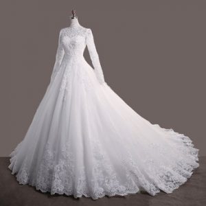 Bridal WEDDING gown lace up high NECK wedding dresses LONG SLEEVE PLUS SIZE anniversary ceremony Muslim wedding DRESS with train discountshub