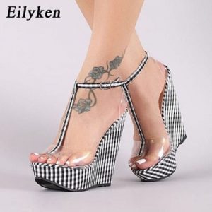 Eilyken Fashion Gingham Thick Bottoms Wedge Sandals Femme Ankle Buckle Strap Platform High Heels PVC Transparent Women Shoes discountshub