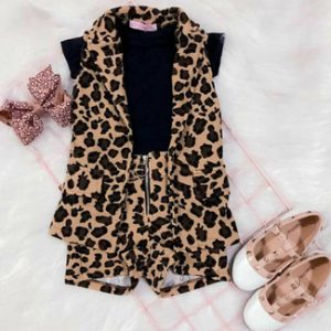 Emmababy Summer Toddler Baby Girl 3PCS Clothes Outfit Sleeveless Leopard Shirt+Tops T-Shirt+Short Pants Set discountshub