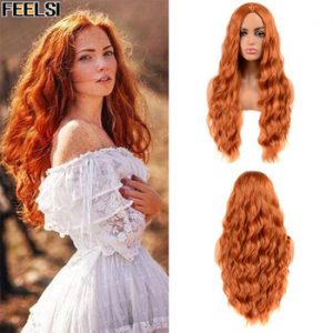 FEELSI Pure Red Black orange Color Long Water Wave Hairstyle Wigs For Women Synthetic Hair High Temperature Fiber Average Size discountshub