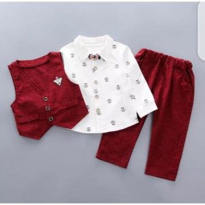 FashionKids Quality Boys Red Waist Jacket,top With Collar,pant And Tie discountshub