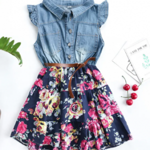Floral Girl's Dress Denim Patchwork Dress For 4-15Years discountshub