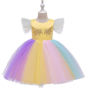 Girls Cartoon Unicorn Flying Sleeve Colorful Mesh Princess Performance Dress For 4-13Y discountshub
