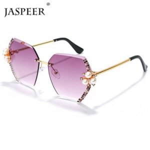 JASPEER Vintage Rimless Sunglasses Women Big Diamond Brand Designer Gradual Sun Glasses Ladies Female Shades Rhinestone Hexagon discountshub