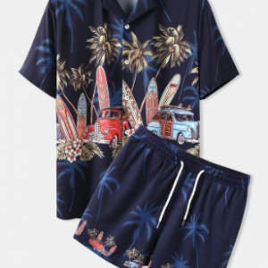 Hawaii Pattern Car Printing Holiday Outfits Lapal Collar Button Up Shirts and Loose Bottoms for Men discountshub