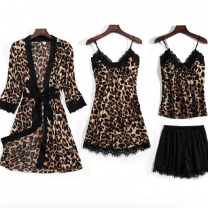JULY'S SONG New Fashion 4 Piece Pajamas Set Leopard Print Woman Sleepwear Artificial Silk Sling Robe With Chest Pad Sleepwear discountshub