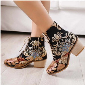 Large Size Women Pointed Toe Embroidered Lace Up Block Heel Short Boots discountshub