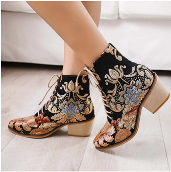 Large Size Women Pointed Toe Embroidered Lace Up Block Heel Short Boots discountshub