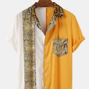 Men Cotton Thin Serpentine Patchwork Lapel Casual Designer Shirt discountshub