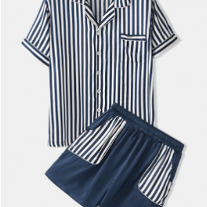Men Stripe Soft Lapel Collar Loungewear Striped Co-ords with Patchwork Stripe Pockets Shorts discountshub