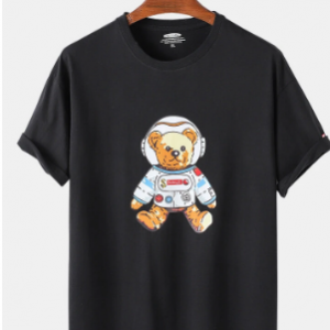 Mens Cartoon Space Bear Print Casual Light Cotton Round Neck T-Shirts discountshub