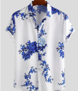 Mens Chinese Style Porcelain Floral Printed Short Sleeve Turn Down Collar Casual Shirt discountshub