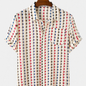Mens Colorful Geometric Print Casual Thin Designer Short Sleeve Shirts discountshub