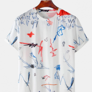 Mens Colorful Graffiti Print Loose Light Casual Round Neck T-Shirts discountshub