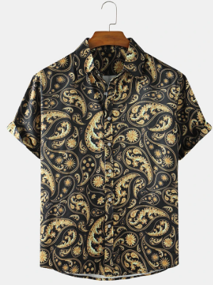 Mens Ethnic Style Bandana Print Casual Loose Thin Short Sleeve Shirts discountshub