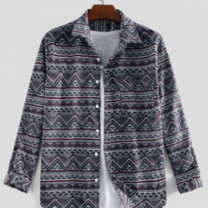 Mens Ethnic Style Corduroy Vintage Printing Long Sleeve Loose Designer Shirts discountshub