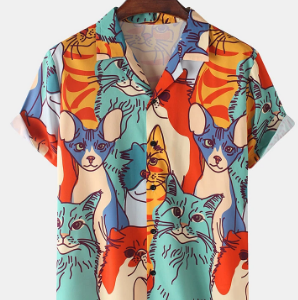 Mens Multi-Color Cat Print Loose Light Casual Short Sleeve Shirts discountshub