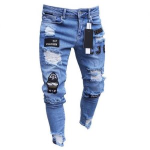 Men's Ripped Hole Emoroidered Jeans Denim Trousers - Blue discountshub
