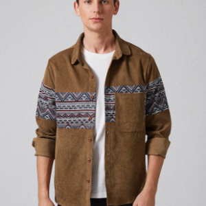 Mens Vintage Corduroy Ethnic Printing Patchwork Long Sleeve Loose Designer Shirts discountshub