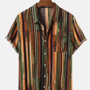 Mens Vintage Multi Color Striped Casual Chest Pocket Short Sleeve Shirts discountshub
